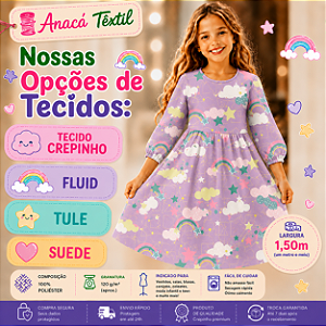 TECIDOS TULE, CREPINHO, FLUID E SUEDE LIGHT - Nuvens e Arco iris 1 Lilas - PARA CONFECÇÃO DE VESTIDOS, PIJAMAS, SAIAS, BLUSA, ETC