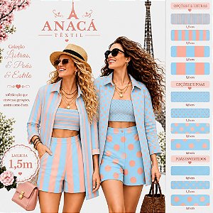 TECIDOS TULE, CREPINHO, FLUID E SUEDE LIGHT - LISTRA E POÁ 46- FUNDO AZUL CÉU E POÁ LARANJA - PARA CONFECÇÃO DE VESTIDOS, PIJAMAS, SAIAS, BLUSA, ETC