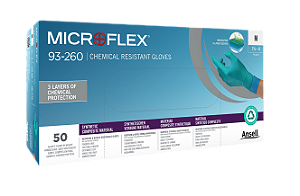 Luva Ansell Microflex 93-260 CA 41040 Caixa com 100 Unidades (50 Pares) Nitrílica Alta Resistência Química