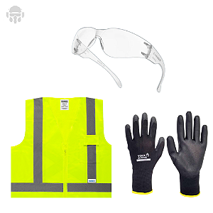 Kit EPI Segurança do Trabalho Colete Refletivo Óculos e Luva - Entregador - Logistica - Construção
