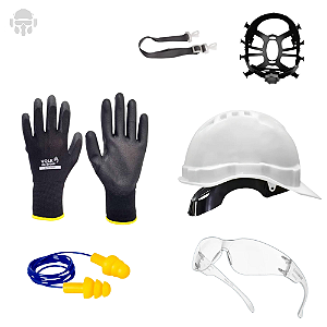 Kit EPI Segurança do Trabalho Óculos Luva Protetor Auditivo e Capacete C/ Jugular e Suspensão