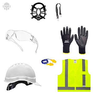 Kit EPI Segurança do Trabalho Óculos Luva Protetor Auditivo Colete e Capacete C/ Jugular e Suspensão