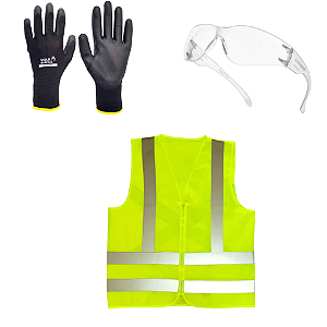 Kit EPI Entregador Colete Verde Óculos Incolor Luva Multitato PU