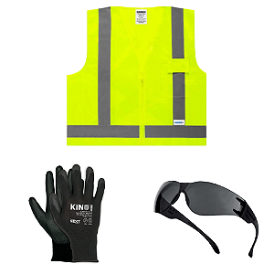 Kit EPI Entregador Colete Verde Óculos Cinza/Fumê Luva Multitato