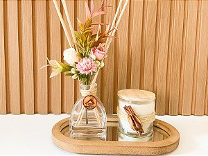 Kit Difusor Floral Rosê + Bandeja Oval P + Vela Aromática Rustica Maça e Canela.