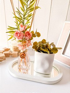 Kit Difusor Jardim Rosê P+ Vaso Cachepô Branco c/ Bandeja Oval Branca