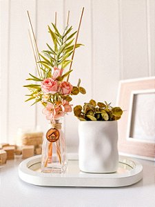 Kit Difusor Jardim Rosê P+ Vaso Cachepô Branco s/ Bandeja
