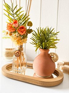 Kit Difusor Jardim Terracota P+ Vaso Cachepô de Barro c/ Bandeja oval madeira