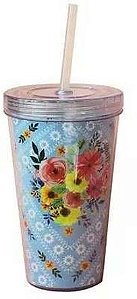 Copo Azul Gratidão Florido Check