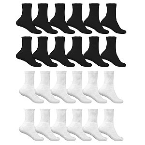 Kit 12 Pares Meias Branca e Preta Adulto Esportiva Cano Alto Algodão
