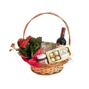 Cesta Com Vinho e Arranjo Floral - Modelo Sabor Florido