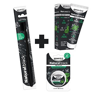 KIT tudo Black - Escova Dente Super Macia + Gel Dental 100g + Fio Dental Powerdent