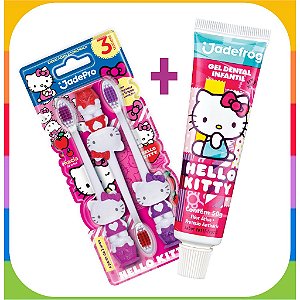 KIT 3 Escovas de Dente e 1 Pasta de Dente para criança Hello Kitty Jadepro