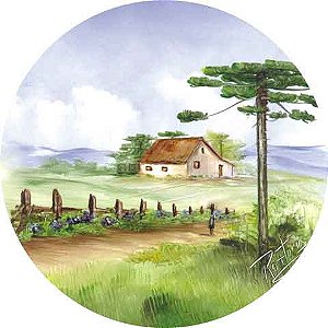 Decalque para Porcelana -Pinheiro Paisagem Casa 19cm