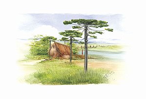 Decalque para Porcelana - Pinheiro Paisagem Rancho 8,5cm x12cm