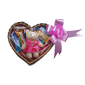Cesta Coração 18cm Com Bombons Nestle e  Mini Pelúcia