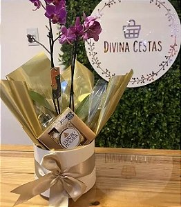 Presente Dia das Mães com Orquídea – Box Elegante com Chocolate e Espumante