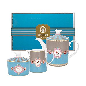 Tea Set com 3 Peças Azul/Cáqui - Love Birds