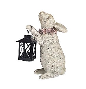 Escultura Coelho Rustico Segurando Laterna Em Resina 26cm