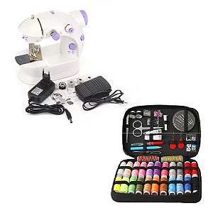Kit 1 Mini máquina de costura portátil e 1 Kit de costura com 96 itens