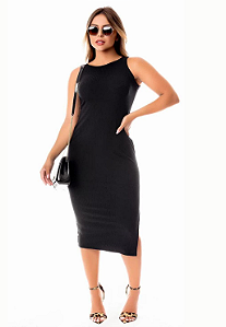 Vestido Tubinho Midi Social Malha Canelada com Fenda