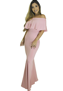 Vestido Longo Ombro a Ombro com Babado Elegante e Rabo de Sereia Festa