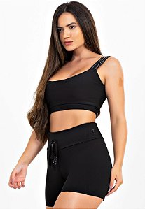Conjunto Fitness Short Cintura Alta com Cardaço Fake + Cropped Preto Alça Dupla