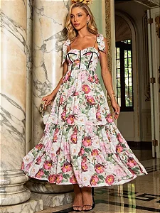 VESTIDO MIDI DE CREPE ALFAIATARIA COM ESTAMPA FLORAL  EXCLUSIVA JARDIM CHAMPAGNE
