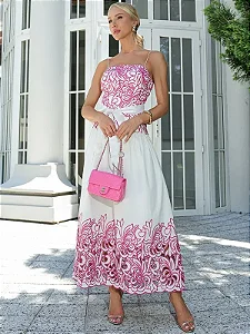 Vestido Midi Off-White e Barrado e Decote Em Rechilieu Pink Greece Off-White