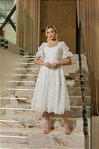 VESTIDO MIDI NOIVINHA COM MANGUINHA BUFANTE DOCE MARIA