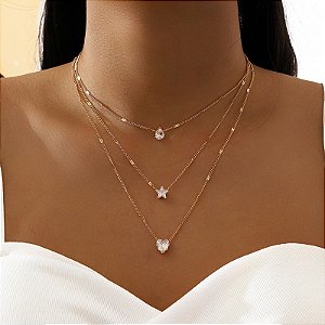 Brilhe Com Estilo: Colar Dourado De 3 Camadas Coração Estrelinha - Envio Imediato