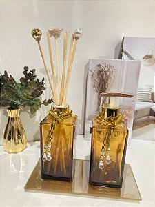 Kit Difusor e Saboneteira com Bandeja Square Dourado com Marrom