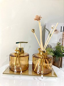 Kit Difusor e Saboneteira com Bandeja Dourado Pícolo