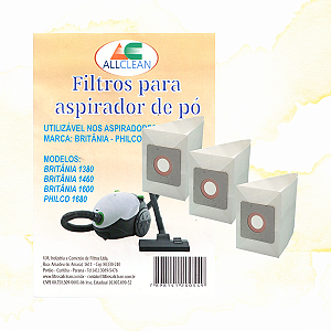 SACOS DE POEIRA ASPIRADOR BRITÂNIA 1380 / 1460 / 1600 PHILCO 1680 - ALLCLEAN