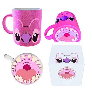Caneca Com Glitter Rosa Bocão Stitch Angel Estilo Divertido e Caixinha Decorada