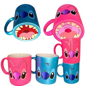 Kit Com 2 Caneca Stitch e Angel Bocão – Estampa Exclusiva com Boca na Base e Caixinha Exclusiva