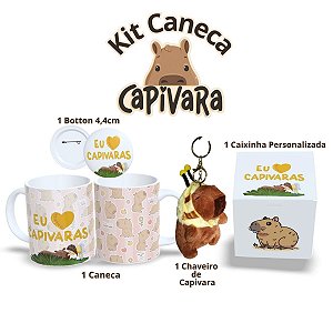 Kit Capivara Personalizado – Caneca de Porcelana, Botton e Pelúcia de Capivara com Caixa Presente