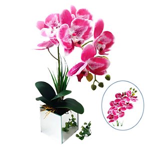 Arranjo de orquídea siliconada efeito 3d realista com vaso em vidro espelho