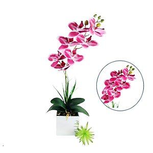 Arranjo de orquídea siliconada efeito 3d realista com vaso em vidro espelho