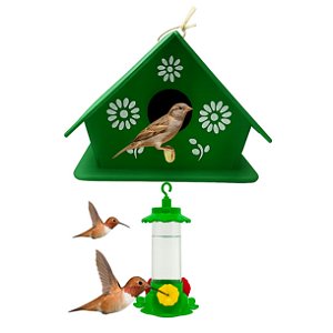 Casinha Para Pássaro Livre Madeira Pintada A Mão Com Bebedouro Abrigo Ninho