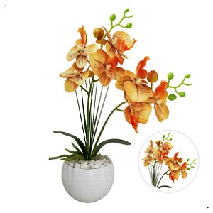 Orquídea Efeito 3D Realista Com Vaso Pedrinhas Naturais Amarelo Laranja
