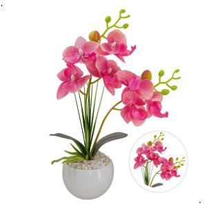 Arranjo Orquídea Efeito 3D Realista Siliconada Com Vaso e Pedrinhas Rosa