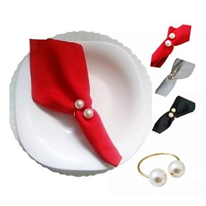 Kit 6 Guardanapo Tecido + 6 Argola Porta-Guardanapo Perola Grande Kit Mesa Posta Decor