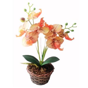 Arranjo Orquídea Efeito 3D Realista Com Vaso Trabalhado Estilo Junco Sintético Arranjo Pronto