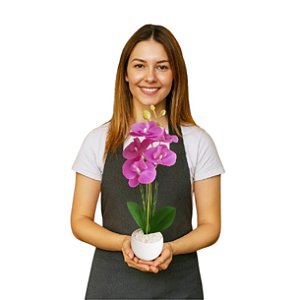 Arranjo De Orquidea Com Vaso Redondo E Pedrinhas Flores Artificiais Roxo