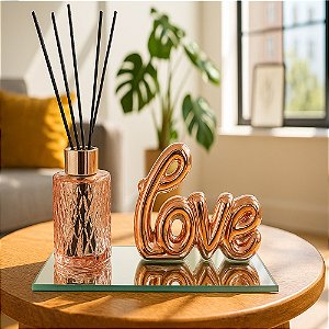 Kit Frasco Aromatizador Com Bandeja Espelho e Enfeite Love Rose Gold Para Lavabo Hall Balcao