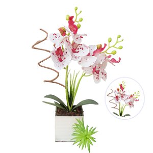 Arranjo De Orquídea Branca Tigre Siliconada 3D Com Vaso Espelho E Galho Natural
