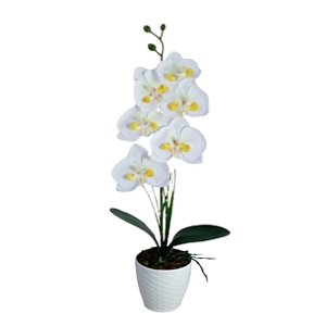 Arranjo Orquidea Branca Artificial Com Vaso Estilo Rattan