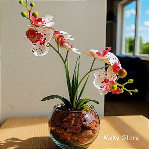 Arranjo De Orquidea Siliconada Efeito 3D Realista Com Vaso Vidro Cascalho Natural