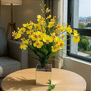 Arranjo de Orquidea Chuva de Ouro Com Vaso Vidro Espelho Montado
